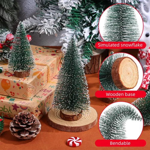 Vista 8 de NUOLUX 6 mini decoraciones de árboles de Navidad, árboles de cepillo para botellas con base de madera, decoración de pueblo de Navidad
