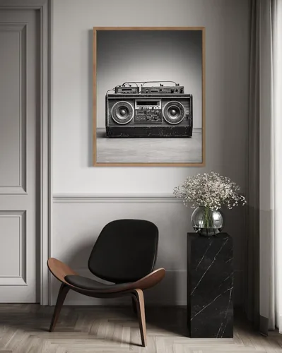 Vista 3 de Boombox - Póster musical musical instrumental para pared, color blanco y negro, fotografía, arte musical, dormitorio u oficina, sala de estar