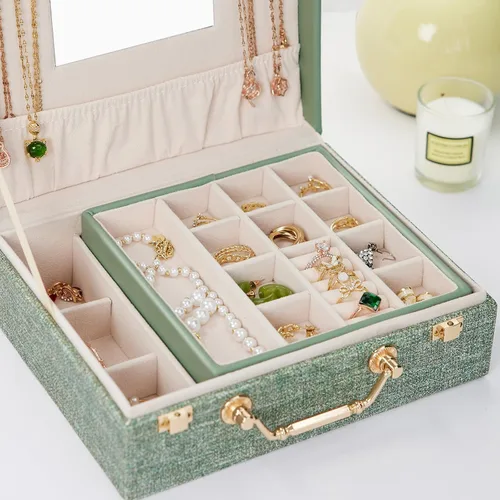 Vista 5 de Zumier Joyero organizador portátil para mujeres y niñas con piel sintética, caja organizadora de aretes con espejo de maquillaje para cumpleaños