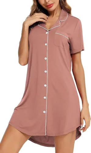 Vista 47 de Samring Camisón de pijama para mujer, manga corta/larga, con botones, camisón para dormir, camisón para novio, talla XXL