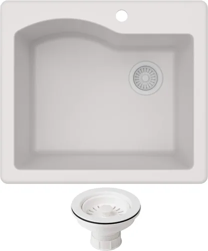 Vista 19 de KRAUS Quarza - Fregadero de cocina de granito de instalación empotrada/sobre encimera de un solo seno, 25 pulgadas, color negro, KGD-441BLACK