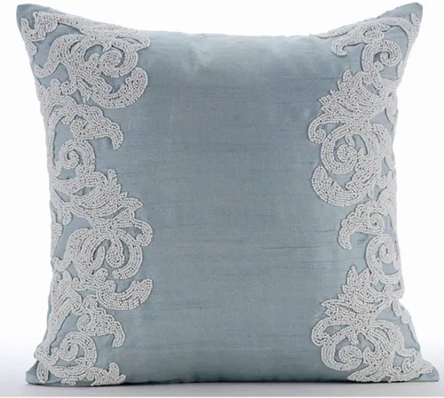 Vista 9 de The HomeCentric Funda de cojín para sofá, 12 x 12 pulgadas, funda de almohada decorativa cuadrada de lino azul claro con zardozi y cuentas bordadas