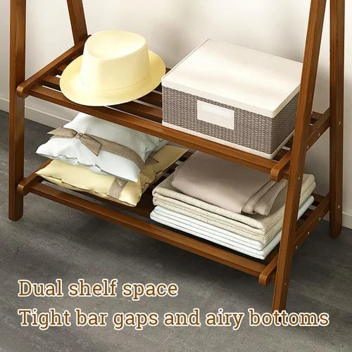 Vista 6 de Perchero de bambú portátil plegable con estantes de almacenamiento y riel de ropa colgante para entrada, dormitorio, espacios pequeños