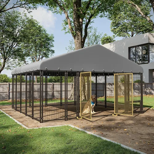 Vista 9 de Perrera grande para perros de 10 x 20 pies, resistente al aire libre con alimentación, jaula duradera para perros con techo y doble cerradura, 120.6