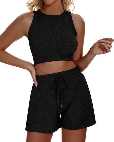 Vista 2 de Funlingo Conjunto de pijama de 2 piezas para mujer, de punto gofre, sin mangas, de verano, 2023