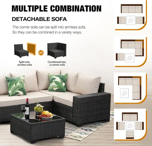 Vista 7 de JOYURE Juego de muebles de patio de 6 piezas para todo tipo de clima, sofá seccional de mimbre para conversación, sofá de ratán con cojín y mesa