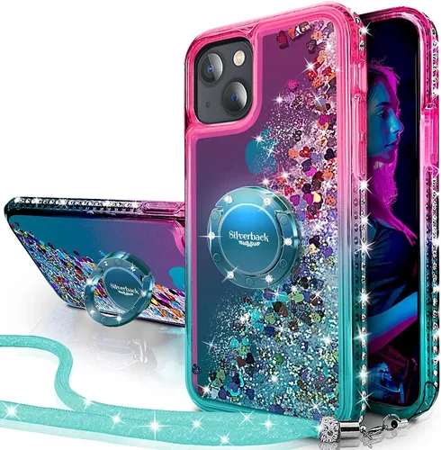 Vista 7 de Silverback - Funda para iPhone 13 con soporte de anillo, color dorado transparente Moving Liquid Holographic Sparkle Glitter, Kickstand, Bling