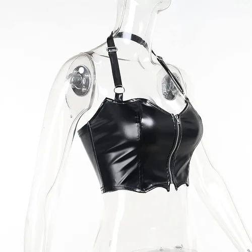 Vista 6 de FlyCC Camiseta sin mangas sexy de piel sintética para mujer
