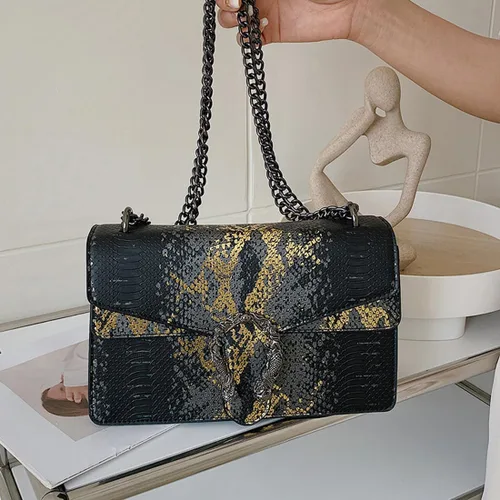 Vista 7 de Bolsos cruzados de cuero de lujo para mujer, con estampado de serpiente, bolso de mano de noche para mujer
