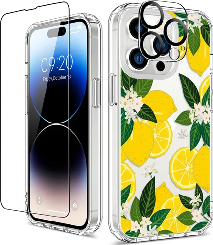 Vista 10 de Funda para iPhone 14 Pro con protector de pantalla, 6.1 pulgadas, transparente de cuerpo completo, a prueba de golpes, diseño floral, para niñas