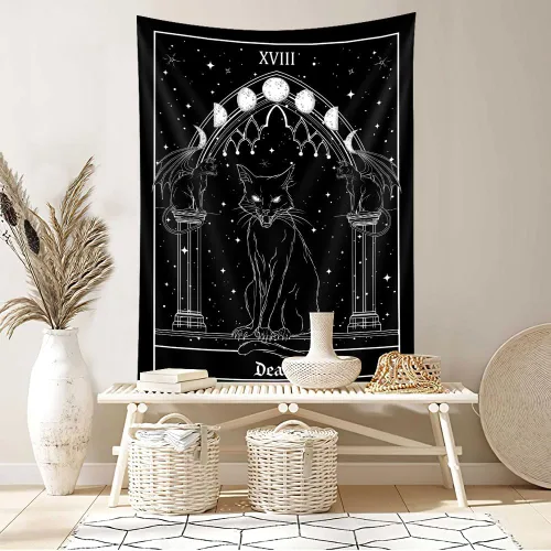 Vista 5 de Tapiz gótico de gato negro, bruja gótica tarot vertical para colgar en la pared para hombres, arte de brujería de anime estético en blanco y negro