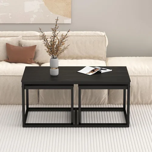Vista 4 de Mesas de centro anidables, mesa de centro de 3 piezas, mesa auxiliar rectangular industrial, mesas auxiliares para sala de estar y dormitorio (negro)