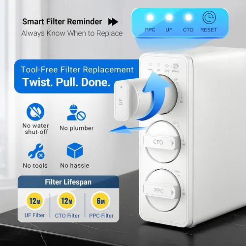 Vista 8 de LCF 0.01μm Ultra-filtración debajo del fregadero Sistema de filtro de agua, purificador de agua mineral alcalino de 3 etapas, grifo LED UV-C