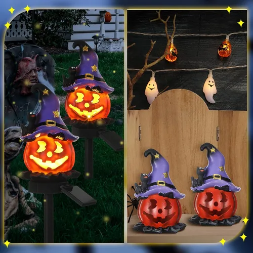 Vista 6 de Retisee - 2 luces solares de Halloween, luces solares de calabaza, linterna púrpura y anaranjado