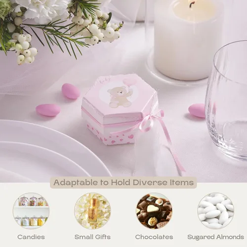 Vista 5 de Paquete de 40 cajas hexagonales pequeñas de recuerdo (2.36 x 1.57 pulgadas), ideal para cumpleaños y baby shower, rosa claro, oso de peluche