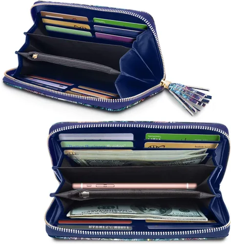 Vista 3 de Carteras para mujer, de piel sintética, tarjetero organizador con borla y correa de muñeca, Mándala, Casual