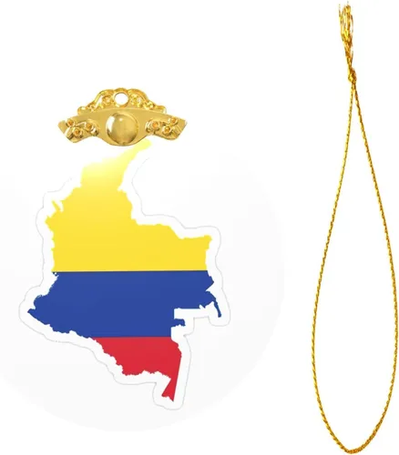 Vista 2 de Colgante redondo de cristal con diseño de mapa de bandera de Colombia con detalles dorados y plateados para colgar la decoración del árbol