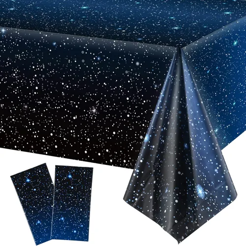 Vista 6 de 1 mantel espacial de noche estrellada, decoración de mesa de galaxia de plástico, suministros de fiesta temática de estrellas espaciales