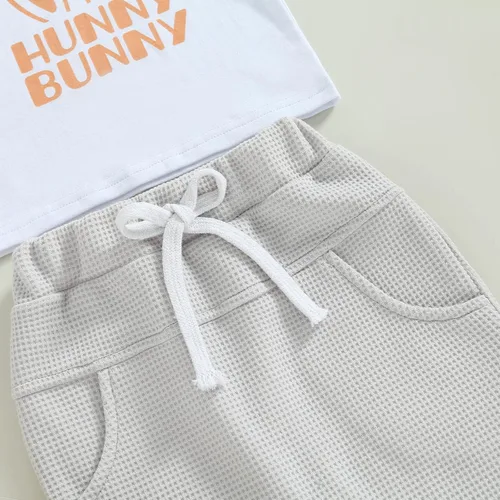 Vista 5 de KtwHarnu Conjunto de camiseta de manga corta con estampado de conejo, 2 piezas, ropa de Pascua para bebé niño