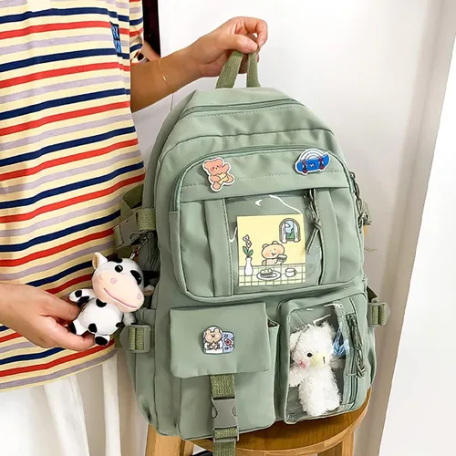 Vista 4 de POYIPI Nueva mochila estética Kawaii mochila con insignia Pins Llavero colgante Mochila de viaje ligera, Verde, Mochilas de viaje