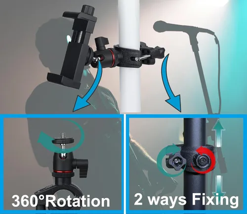 Vista 3 de Soporte de micrófono para teléfono Soporte de micrófono Abrazadera de montaje de teléfono con clip de teléfono ajustable, montaje de cabeza de bola