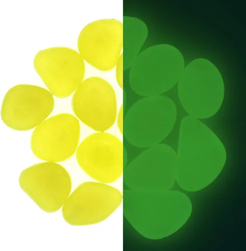 Vista 4 de QTTLLI 450 piedras brillantes que brillan en la oscuridad, piedras decorativas para jardín, camino, pasarela, patio, pecera, color amarillo
