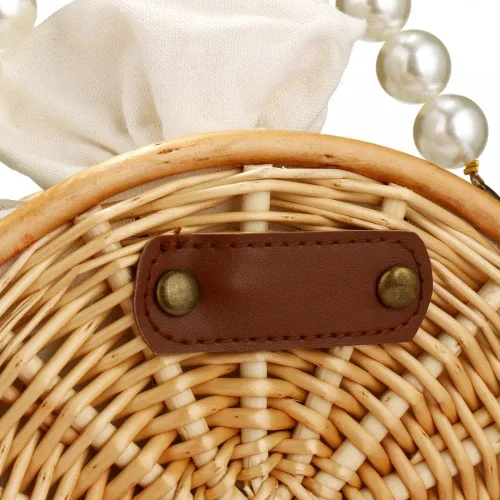 Vista 7 de Bolso de playa para mujer, bolso de mimbre rectangular tejido a mano, bolso de mimbre con perlas, bolso retro de paja de verano