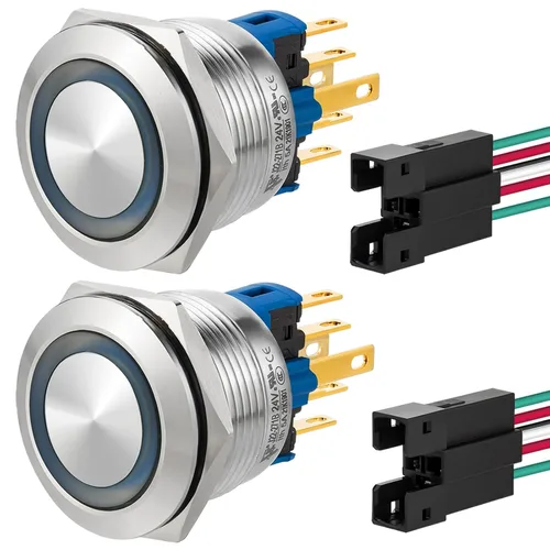 Vista 10 de 2 interruptores de botón de cierre de 0.866 in, 7/8 pulgadas, 110 V-120 V, SPDT, interruptor de encendido y apagado, impermeable, IP67, acero Azul