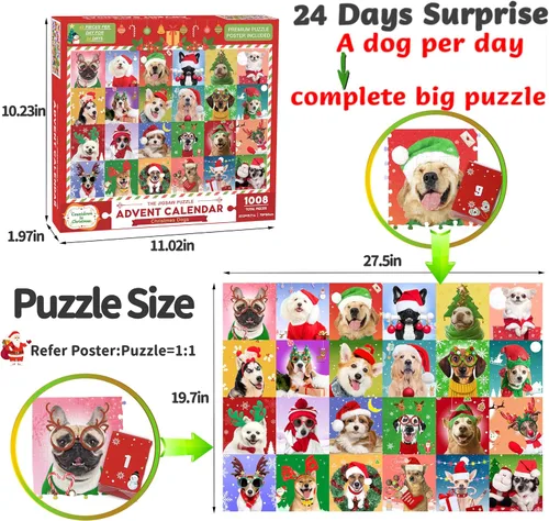 Vista 6 de Calendario de Adviento 2025 rompecabezas de perros de Navidad, 24 cajas de 1008 piezas, rompecabezas de cuenta regresiva para Navidad, regalos