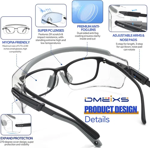 Vista 4 de Paquete de 2 lentes de seguridad para colocar sobre gafas con lente antivaho y arañazos, lentes de seguridad ANSI Z87.1, patillas ajustables