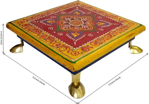 Vista 5 de Purpledip Chowki de madera: plataforma pintada a mano para los ídolos de Dios en el templo casero (11811)