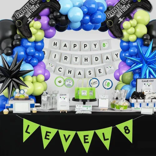 Vista 4 de Kit de guirnalda de arco de globos de videojuegos, globos de fiesta azul, morado, verde, negro, con 2 globos de aluminio con mango de juego