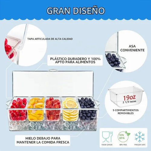 Vista 5 de Bandeja de condimentos refrigerados, cesta de frutas de bar con tapa y 5 compartimentos extraíbles, bandeja transparente para servir condimentos