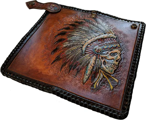 Vista 6 de Indian Chief - Cartera de piel con calavera para hombre, diseño tribal patriótico de nativos americanos con tocado de plumas Apache, billetera larga