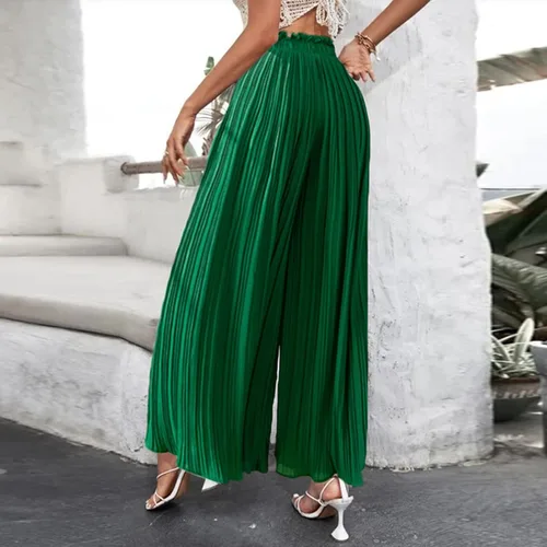 Vista 6 de XINSHIDE Pantalones plisados para mujer pantalones palazzo de pierna ancha pantalones largos de verano casuales con cordón y cintura alta