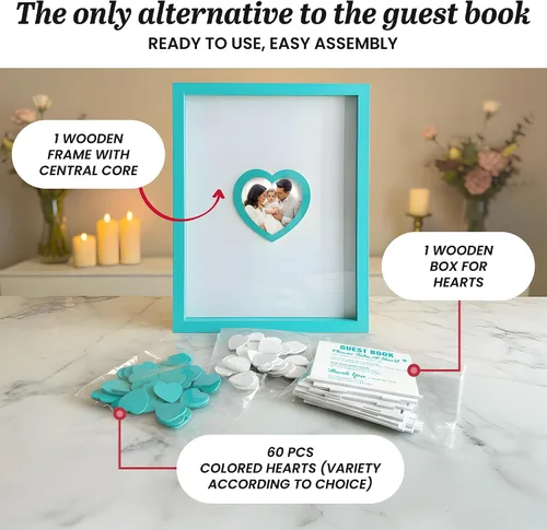 Vista 4 de Libro de invitados de boda azul alternativo para recepción con corazones de madera, un marco, decoración de libros, recuerdos para boda, ideas