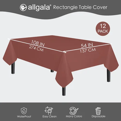 Vista 2 de allgala Paquete de 12 manteles de plástico desechables de calidad premium de peso medio - 12 unidades - 54 x 108 pulgadas - marrón - TC58216