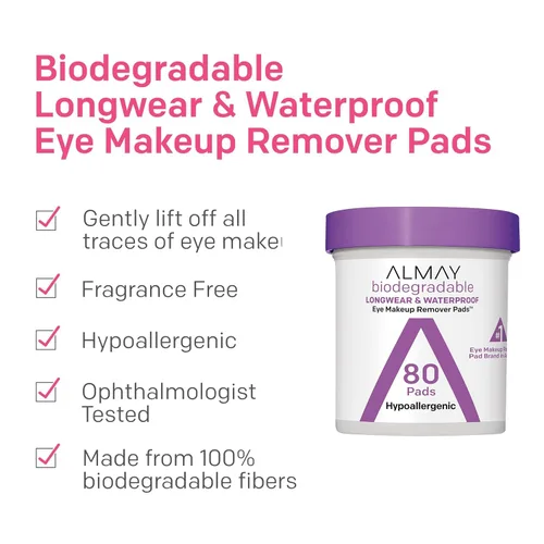 Vista 2 de Almay Almohadillas removedoras de maquillaje de ojos de larga duración e impermeables, 80 unidades (paquete de 4)
