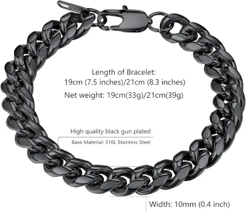 Vista 5 de PROSTEEL Pulsera de acero inoxidable para hombres y mujeres, elegantes pulseras de eslabones cubanos, chapado en oro negro de 18 quilates, ancho