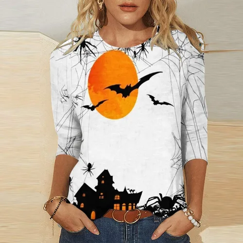 Vista 2 de Camisetas para mujer 2023 verano moda estampado calabaza manga 34 tops cuello redondo Halloween talla grande camiseta otoño tops