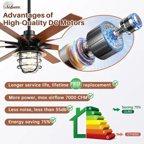 Vista 4 de Sofucor - Ventilador de techo de granja de 66 pulgadas con luces y control remoto, ventilador de techo moderno con jaula y motor CC reversible