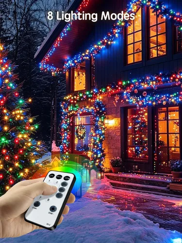 Vista 2 de ROOR Guirnalda de 1000 luces LED de 300 pies para exteriores, luces de árbol de Navidad multicolor con control remoto, 8 modos de luz de hadas
