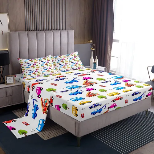 Vista 26 de Erosebridal Juego de sábanas de automóvil de dibujos animados para niños, juego de ropa de cama de camiones, tamaño individual, sábana bajera