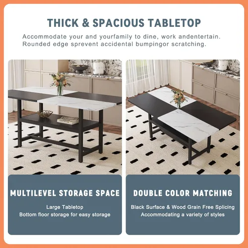 Vista 3 de Juego de mesa de comedor de 71 pulgadas para 6 personas con estante de almacenamiento, juego de mesa de comedor rectangular industrial moderna