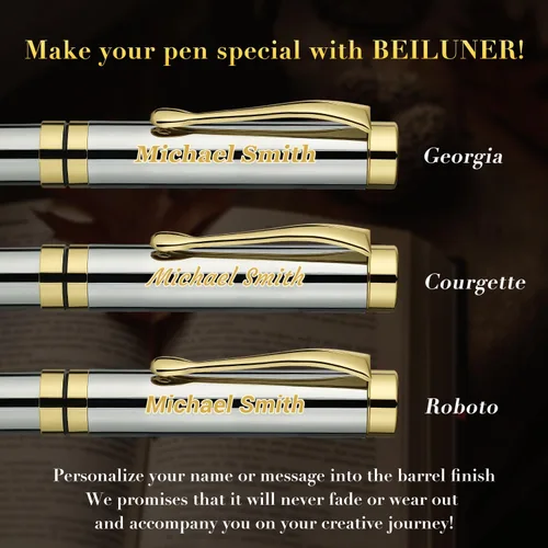 Vista 2 de BEILUNER - Bolígrafos personalizados de alta calidad, impresionante bolígrafo de metal cromado de plata brillante con borde dorado, elegante set