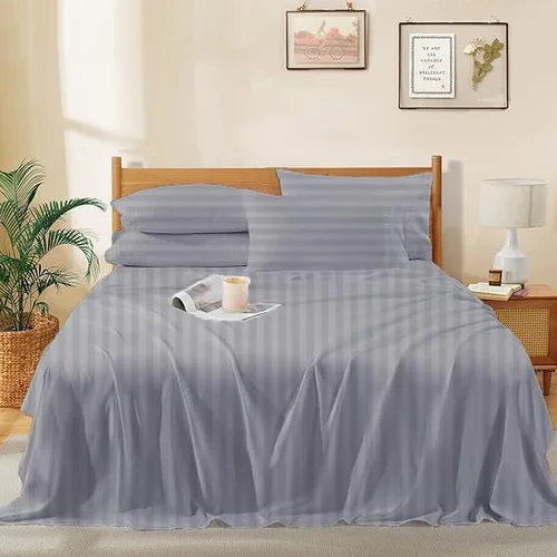 Vista 3 de Sábanas de cama tamaño Queen – 21 pulgadas de profundidad – Juego de 4 sábanas 100% algodón egipcio, rayas plateadas, de lujo, súper suavidad