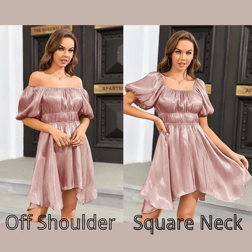 Vista 2 de Bigyonger Vestidos de verano para mujer, manga abombada, cuello cuadrado, hombros descubiertos, fluidos, escalonados, estilo bohemio, casual, mini