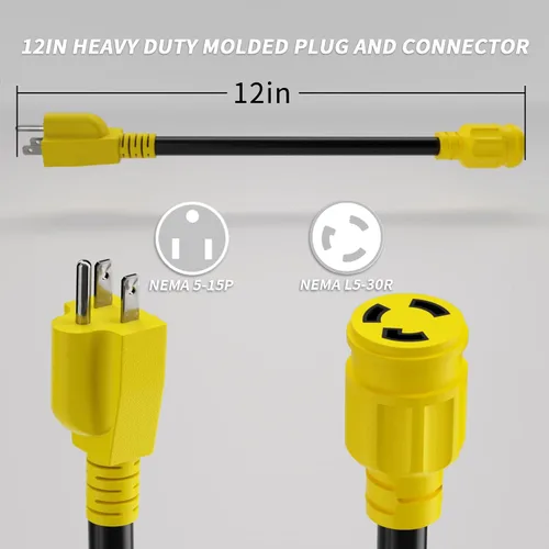 Vista 2 de PlugSaf Cable adaptador de generador RV de 3 clavijas de 15 amperios a 30 amperios, enchufe macho NEMA 5-15 a enchufe hembra NEMA L5-30, cable