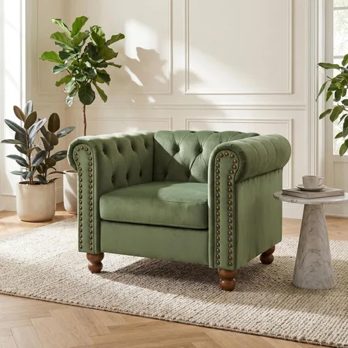 Vista 12 de Air - Silla Chesterfield de cuero, sofá individual copetudo para sala de estar, sillón decorativo con ribete de cabeza de clavo