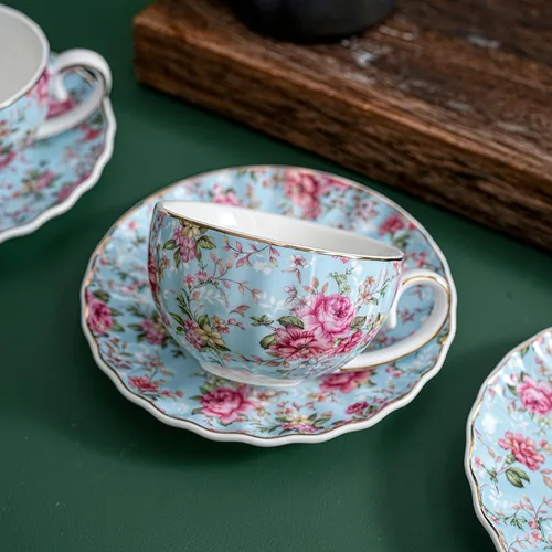 Vista 6 de Agyiuns Taza de té y platillos, tazas de té floral de 6.4 onzas con borde dorado, taza de té de porcelana, tazas de café capuchino espresso con Azul